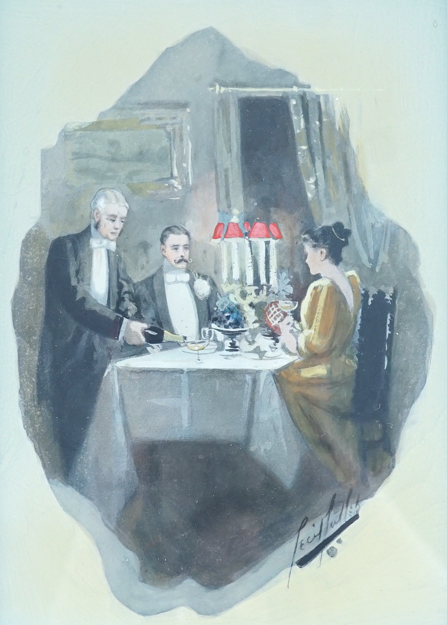 Cecil E. L. Cutler (1886-1934), three watercolours, Dining and Drawing room interiors, signed, 24 x 17cm